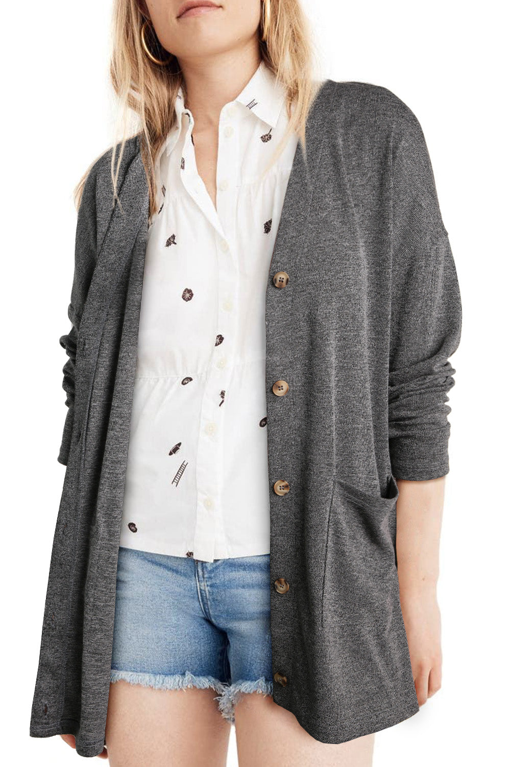 Black Pocketed Casual Button Front Knit Cardigan