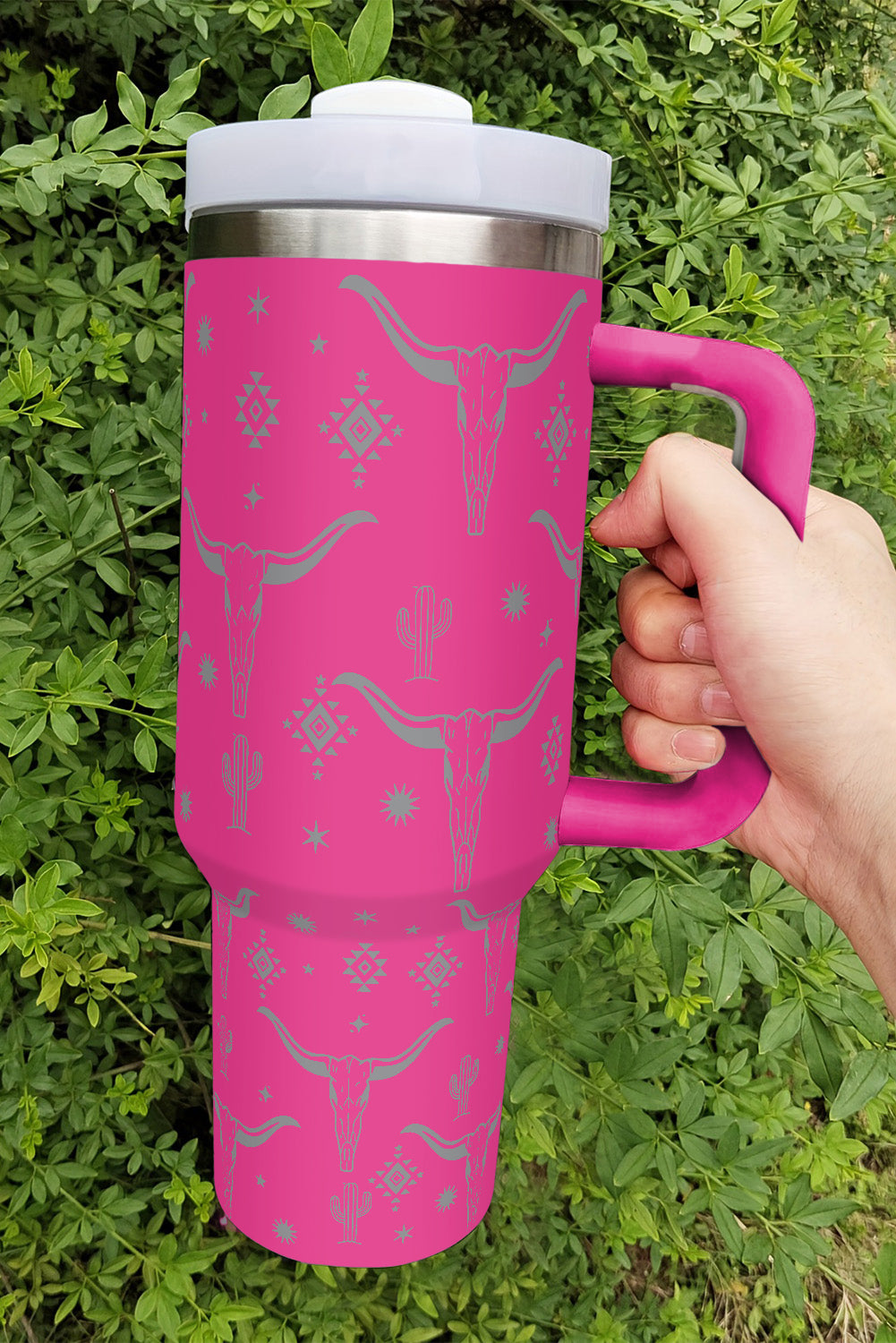 Rose Red Animal Horn Printed Stainless Tumbler with Lid and Straw