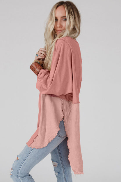 Rose Pink Crinkled Patchwork Raw Hem Oversized Tops