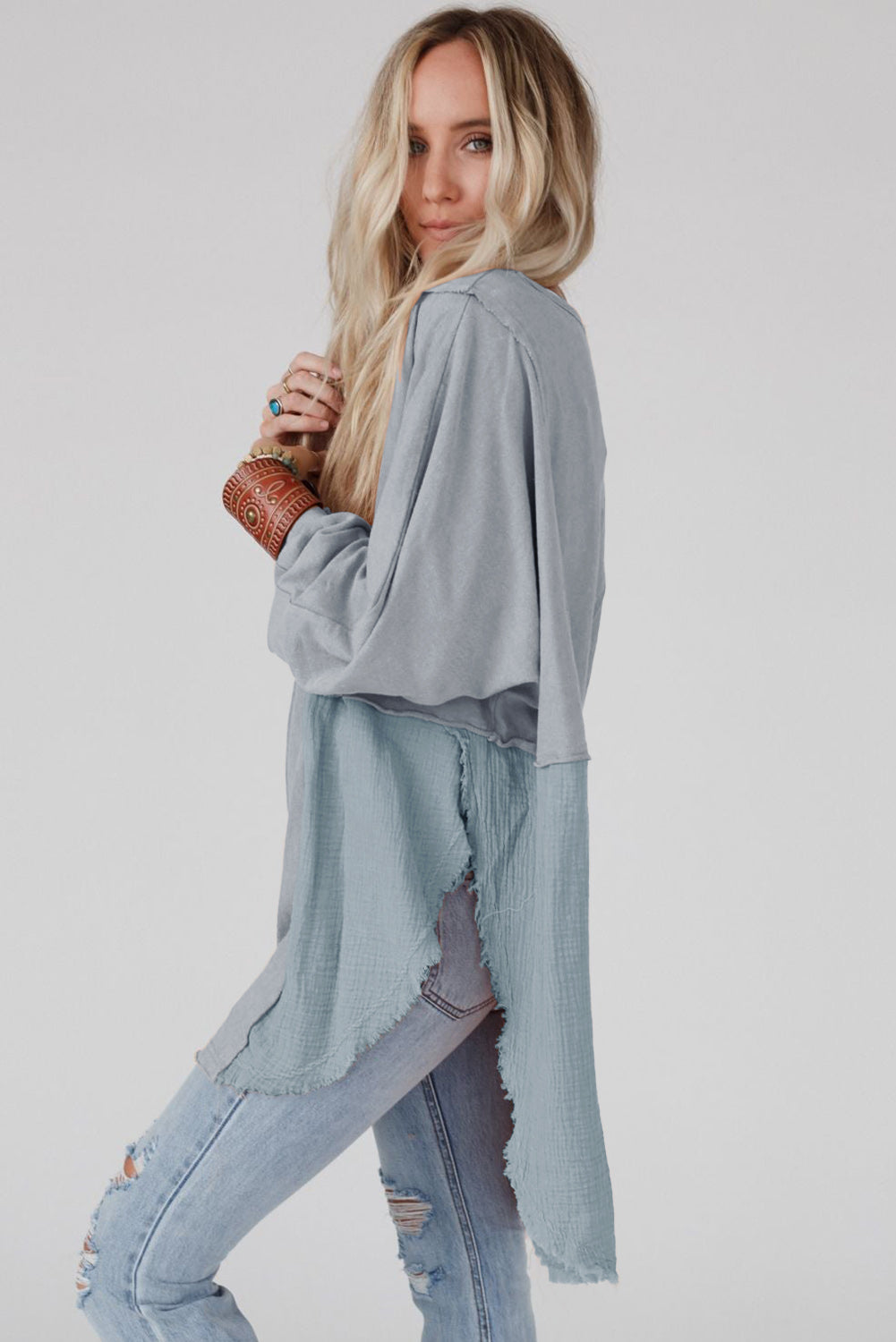 Rose Pink Crinkled Patchwork Raw Hem Oversized Tops