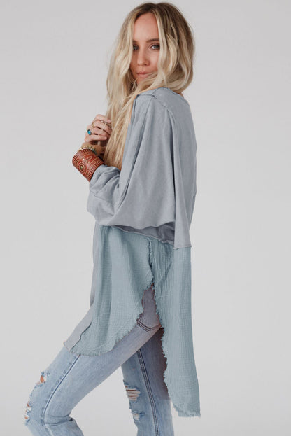 Rose Pink Crinkled Patchwork Raw Hem Oversized Tops