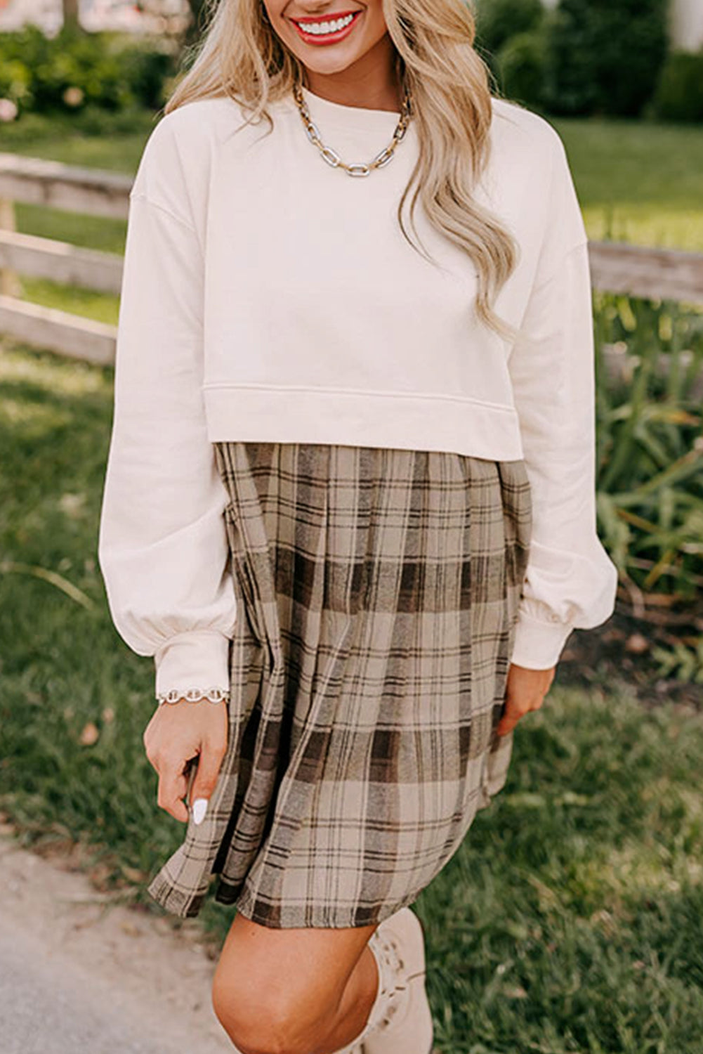 Black Plaid Patchwork High Waist Sweatshirt Mini Dress