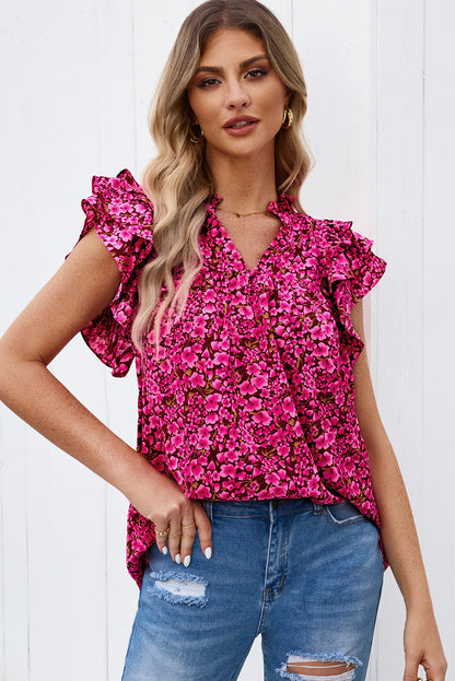 Floral Print Tiered Ruffle Sleeve V Neck Boho Top