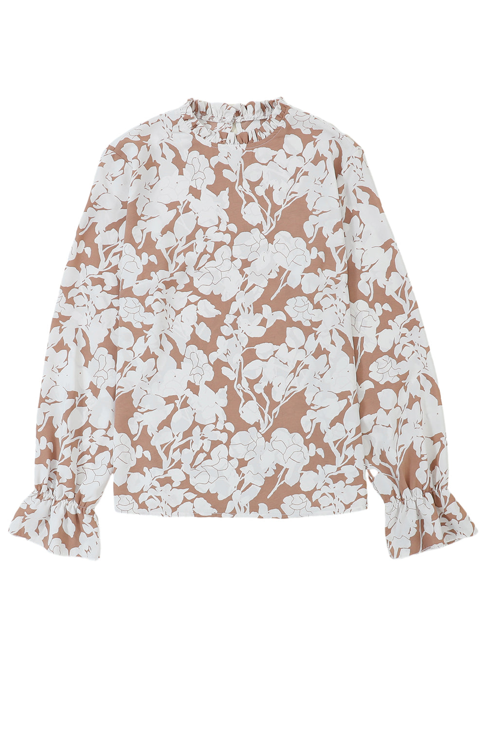 Floral Print Frilled Neckline Ruffle Cuffs Blouse