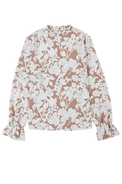 Floral Print Frilled Neckline Ruffle Cuffs Blouse