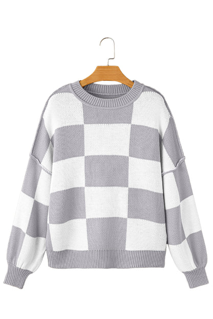 Orange & White Plaid Exposed Seam Bishop Sleeve Sweater