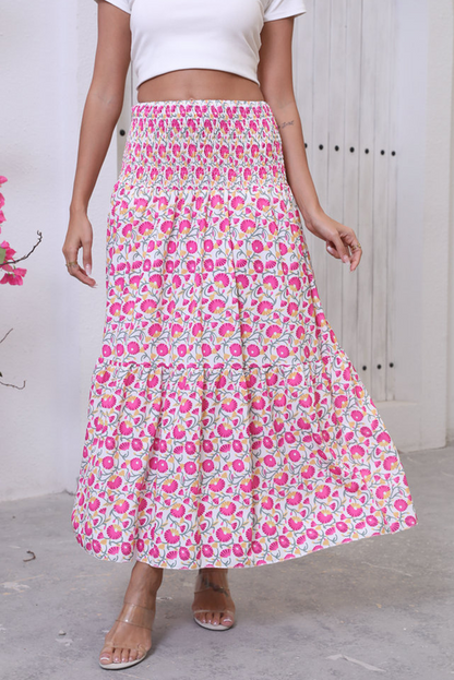 Pink Boho Floral Print Shirred Large Swing Skirt