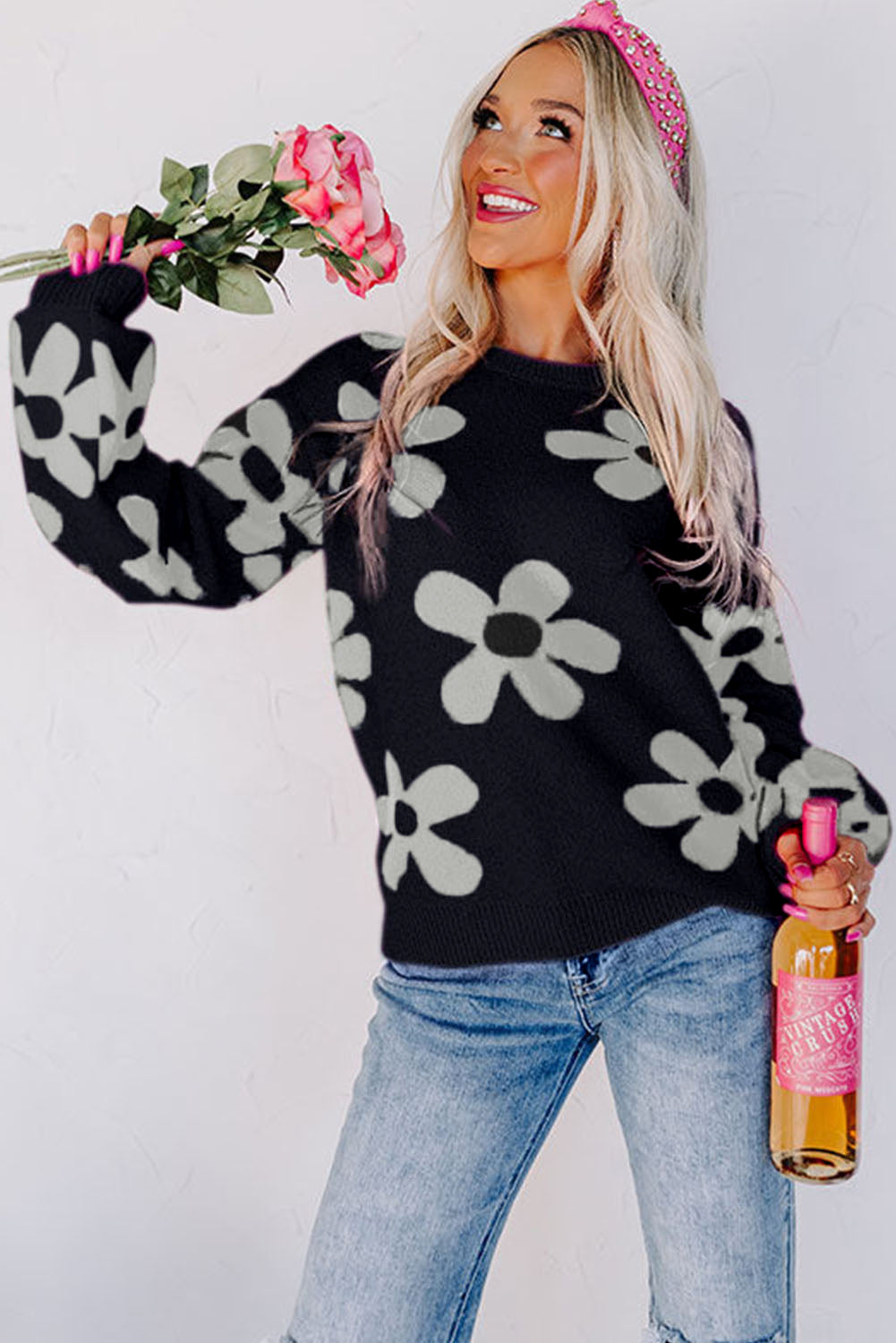 Floral Print Knitted Long Sleeve Pullover Sweater