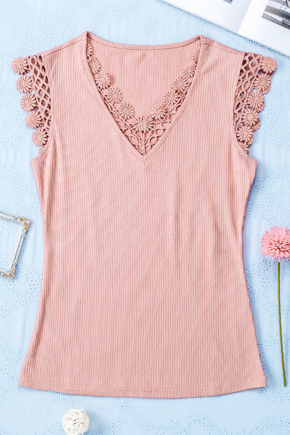 Crochet Cap Sleeve Ribbed V Neck Summer Top