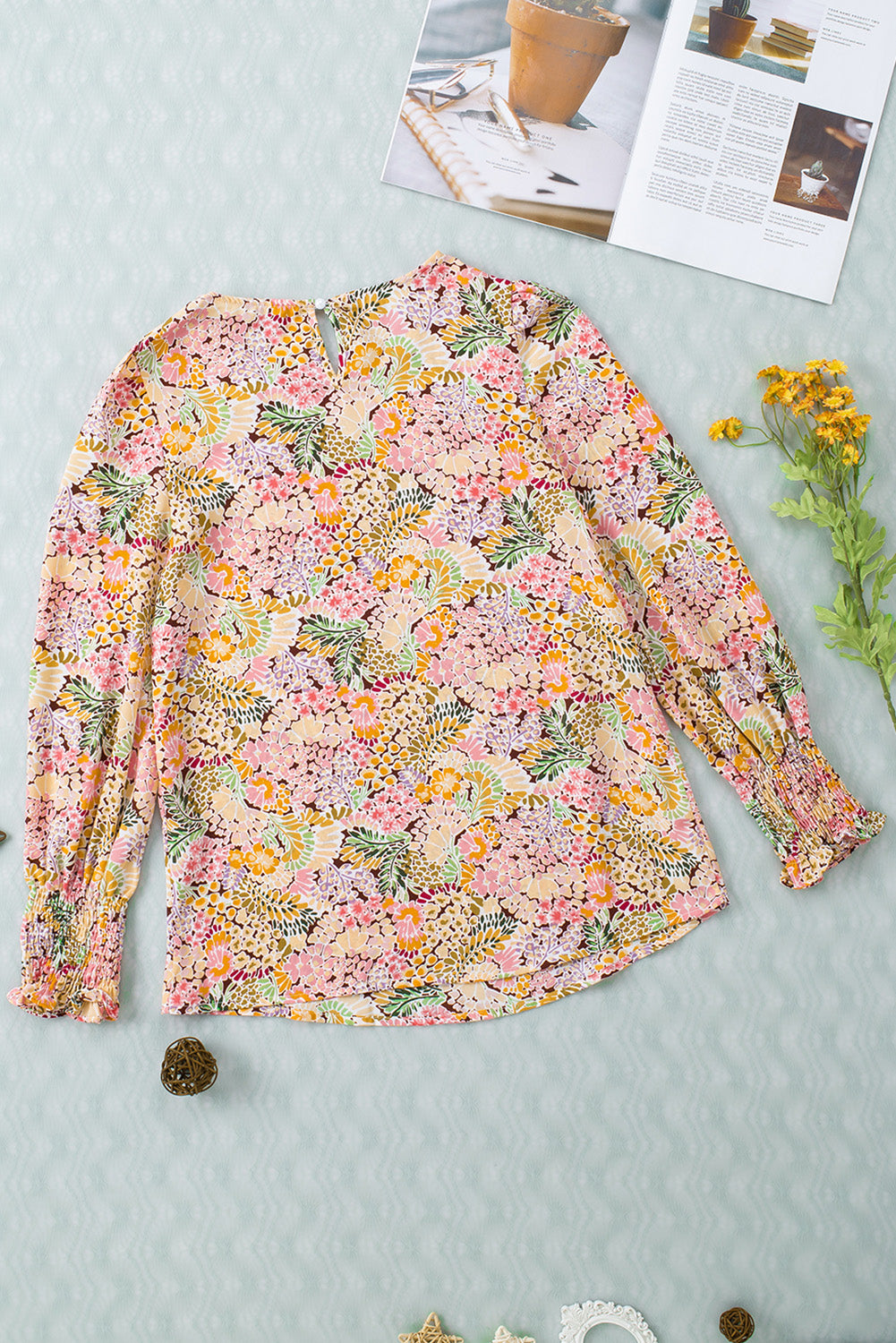 Multicolor Floral Print Smocked Cuffs Long Sleeve Blouse
