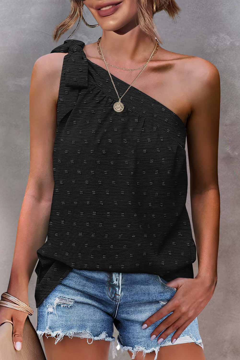 Swiss Dots Knot Asymmetric Neck Sleeveless Shirt
