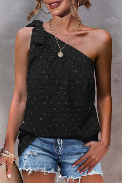 Swiss Dots Knot Asymmetric Neck Sleeveless Shirt