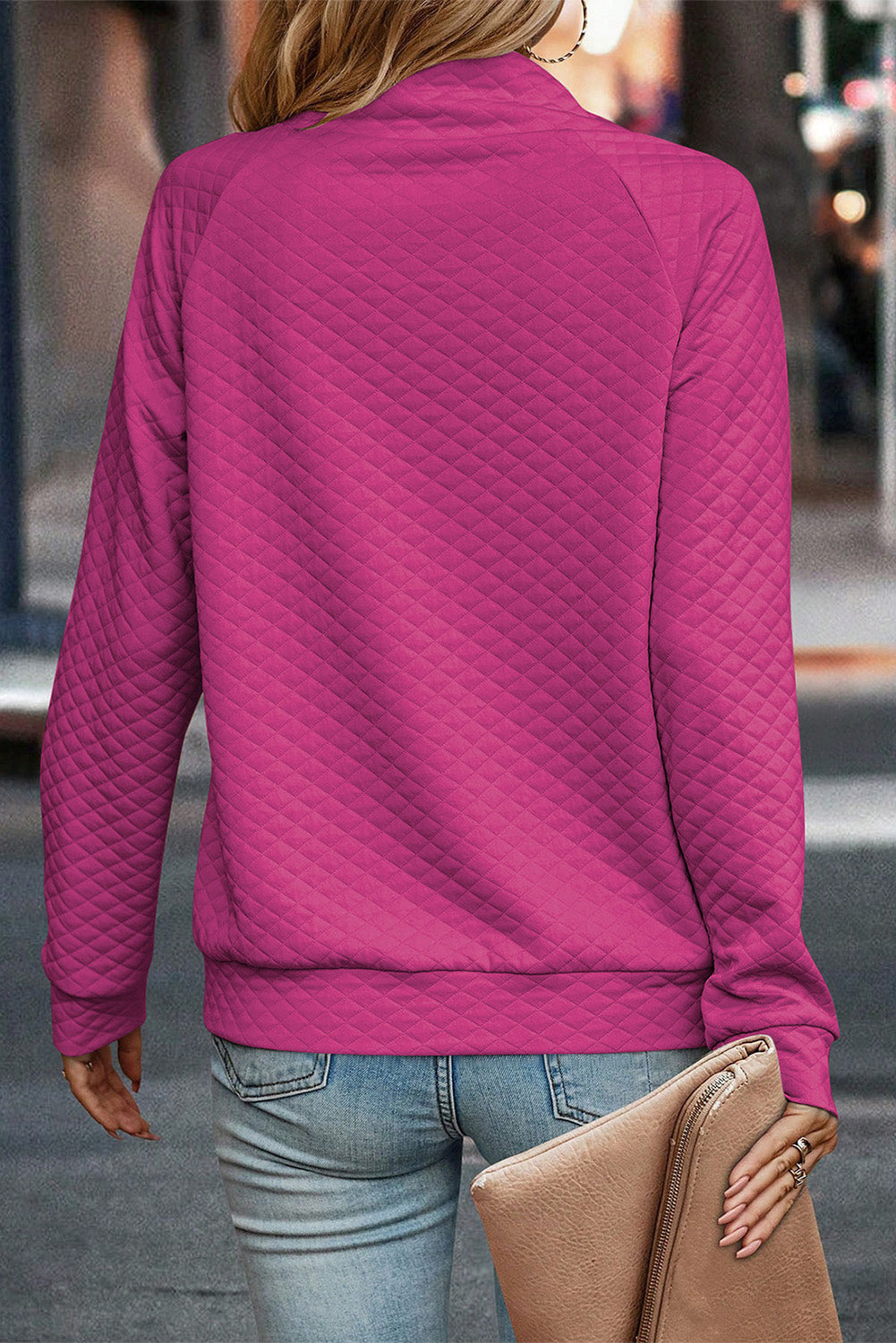 Quilted Buttoned Neck Pullover Sweatshirt