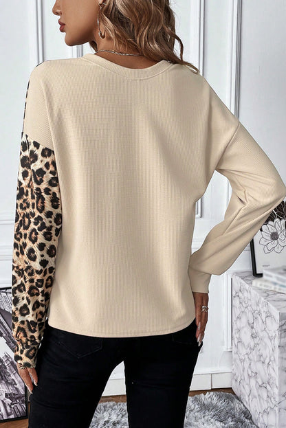 Pale Khaki Waffle Knit Leopard Contrast Casual Top