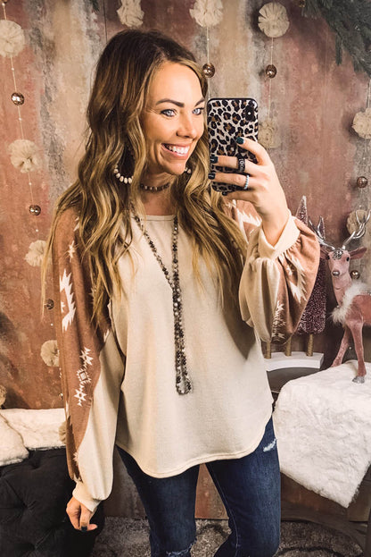 Apricot Casual Ethnic Print Patch Long Sleeve Top