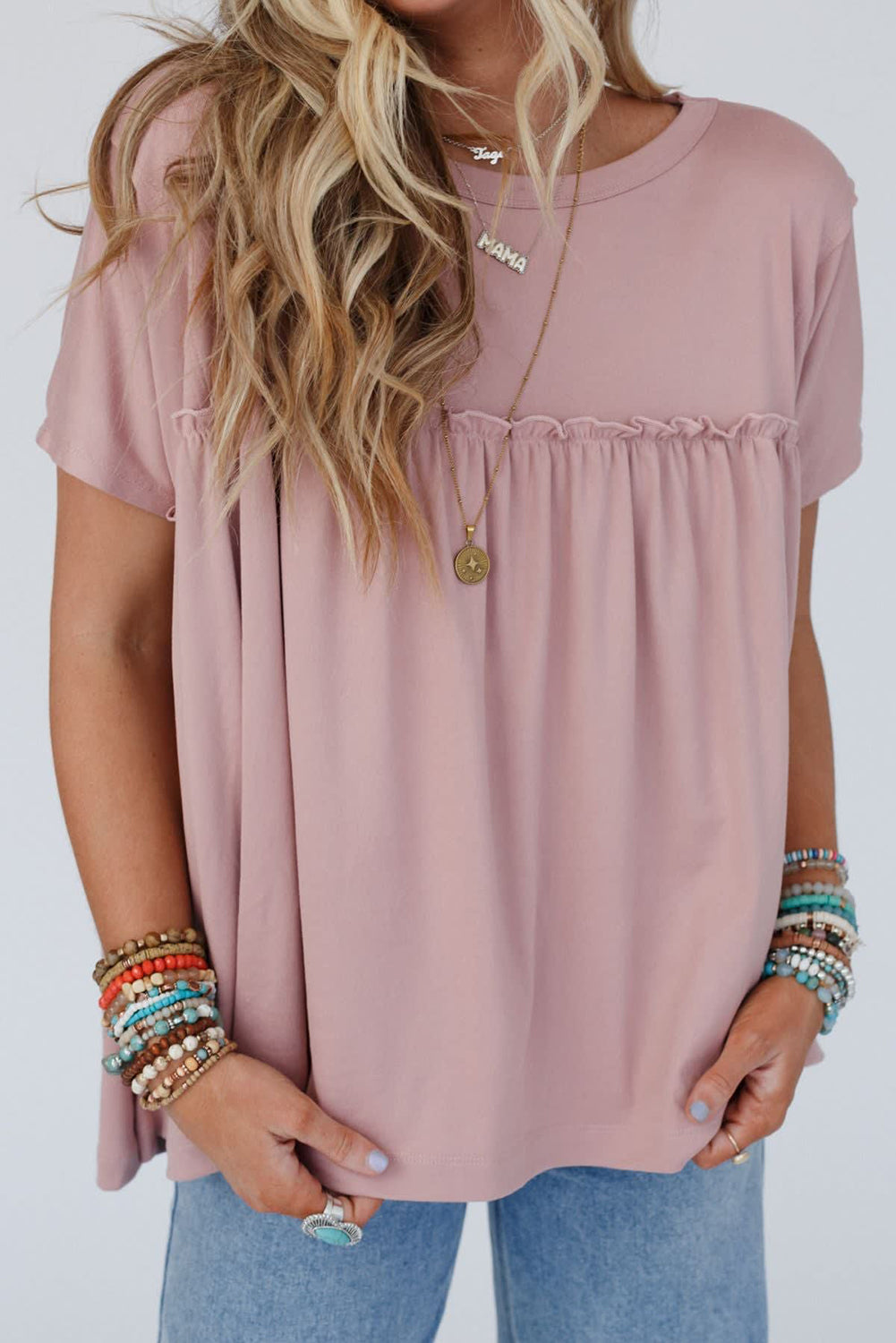 White Solid Color Frilled Loose Babydoll Blouse