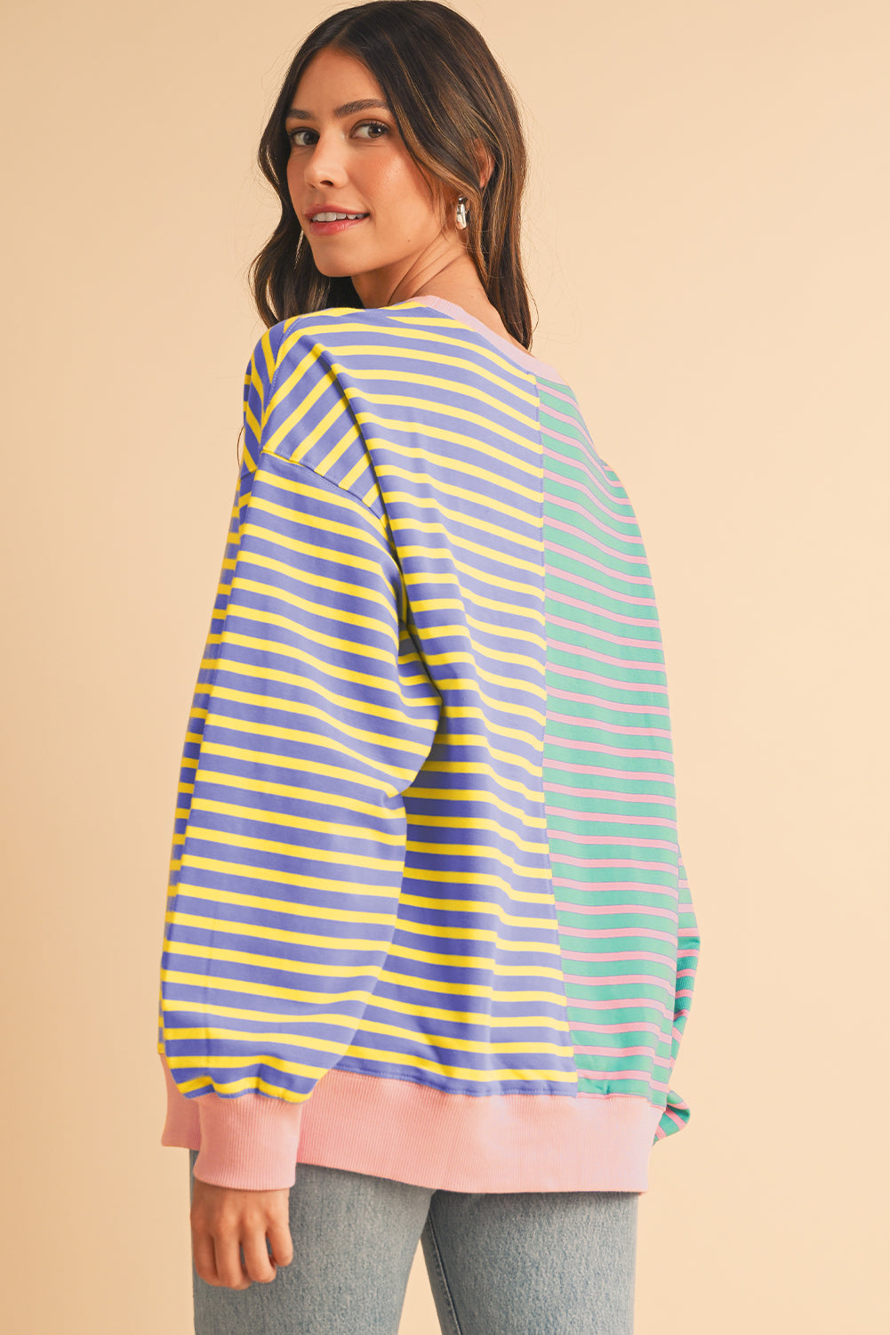 Stripe Colorblock Drop Shoulder Oversize Sweatshirt