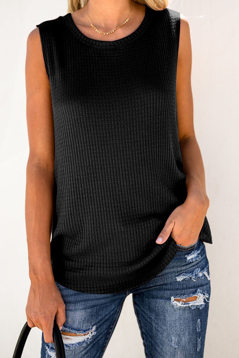 Crew Neck Basic Waffle Tank Top