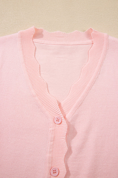 Pink Solid Color Button Knitted Cardigan