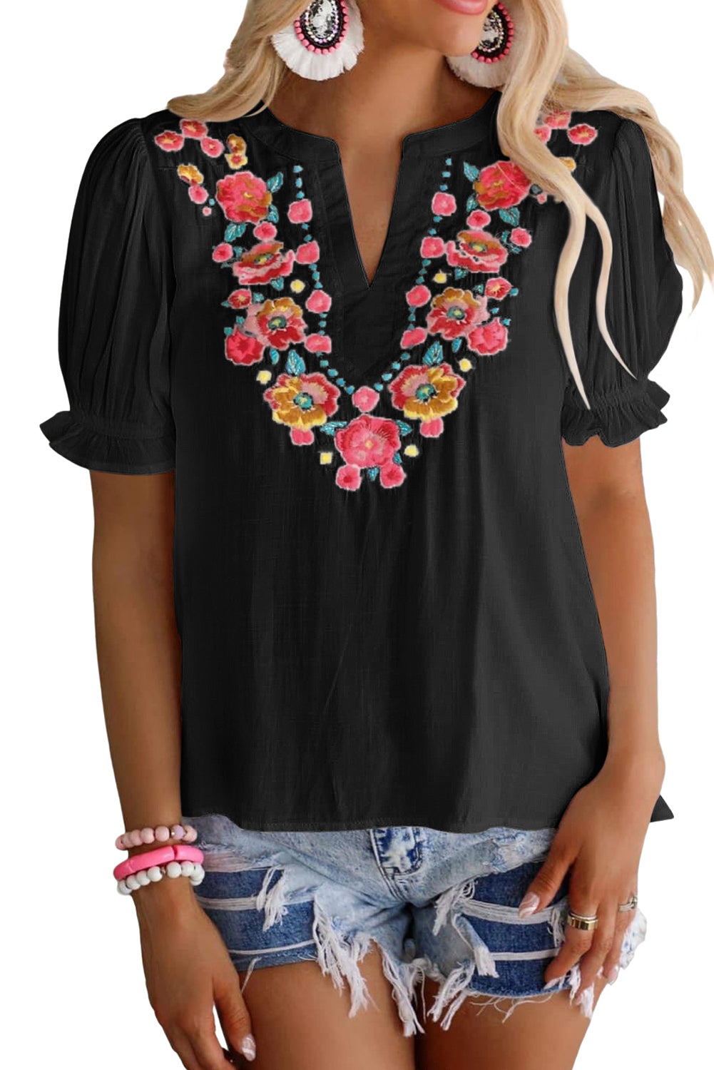 Floral Embroidered Boho Ruffle Puff Sleeve Blouse