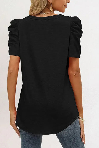 Puff Sleeve Casual V Neck T-Shirt