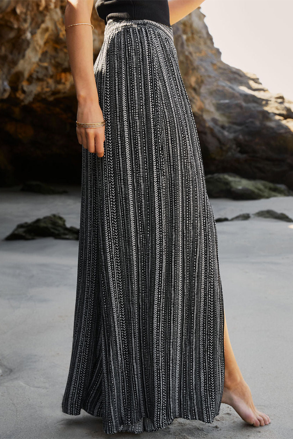 Striped Printed Slit Wide Leg High Waist Pants