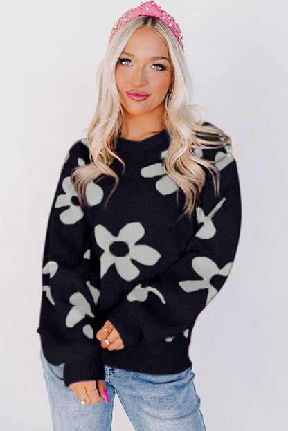Floral Print Knitted Long Sleeve Pullover Sweater