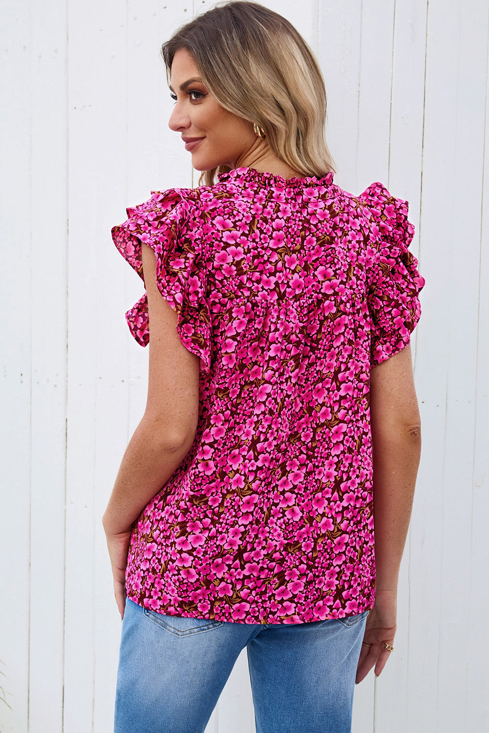 Floral Print Tiered Ruffle Sleeve V Neck Boho Top
