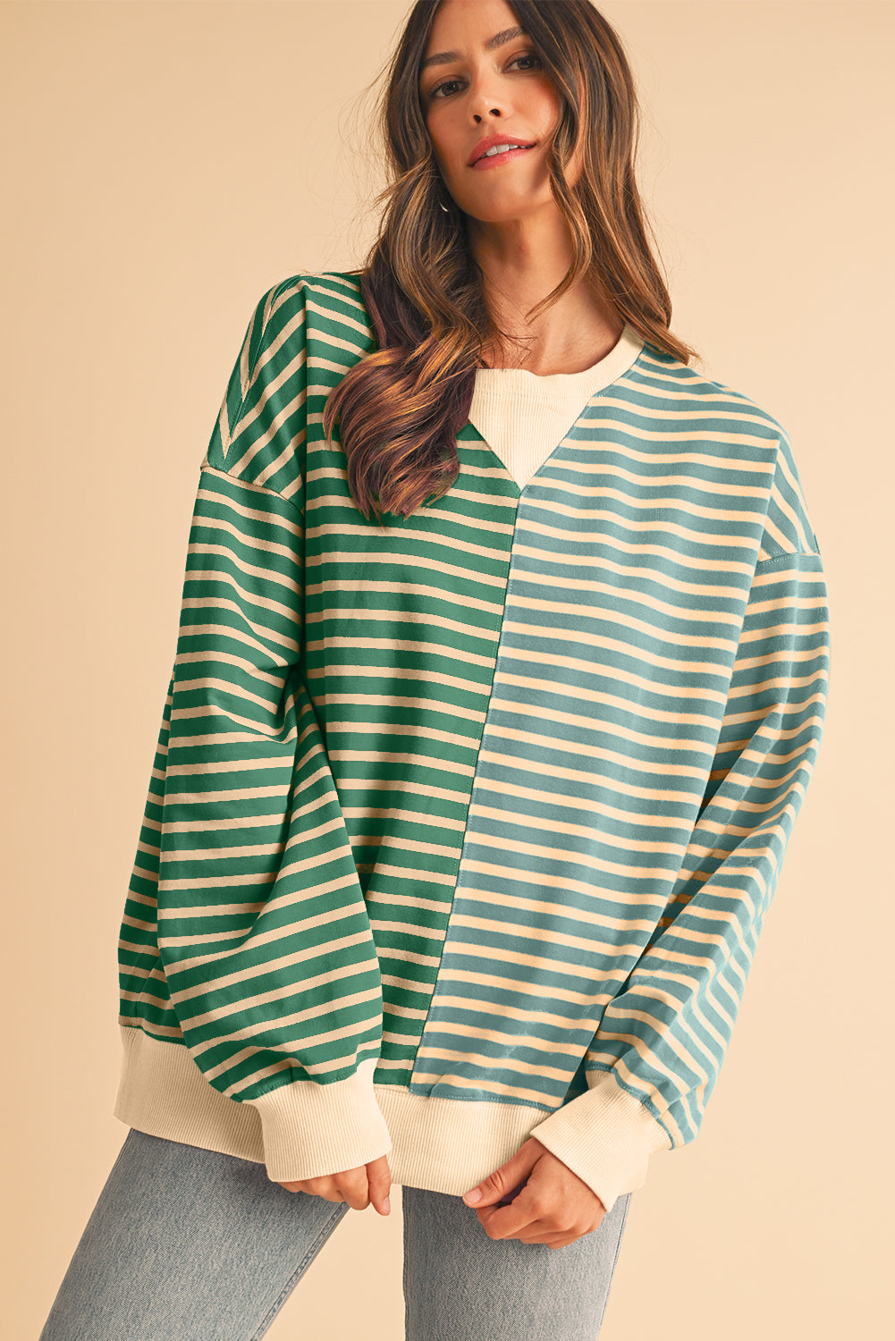 Stripe Colorblock Drop Shoulder Oversize Sweatshirt