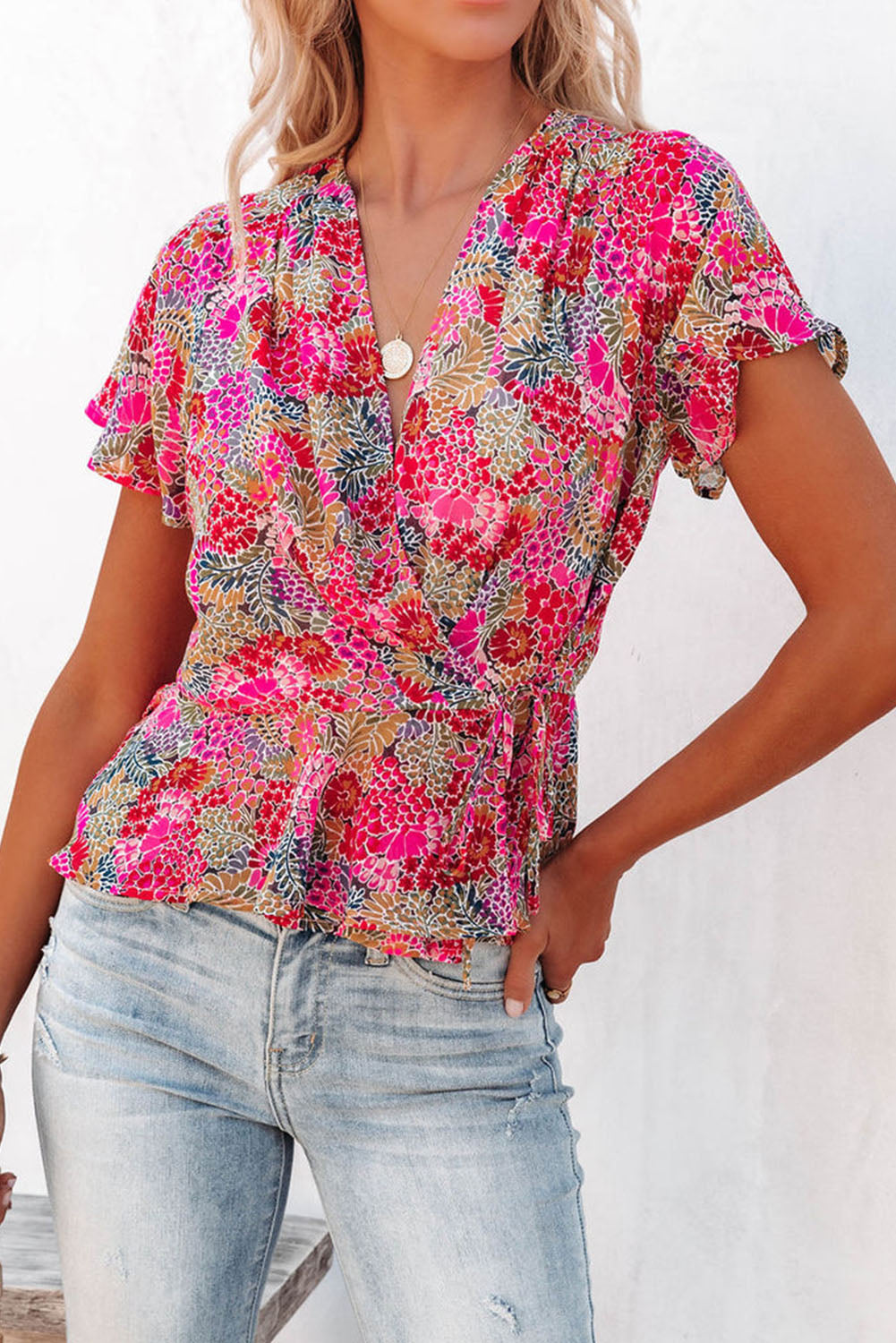 Multicolor Floral Print Smocked Cuffs Long Sleeve Blouse