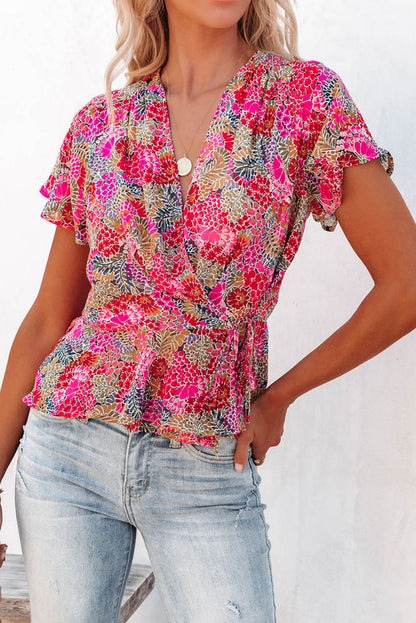 Multicolor Floral Print Smocked Cuffs Long Sleeve Blouse