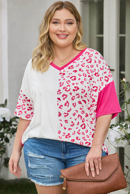 Leopard Patchwork Short Sleeve Plus Size Top
