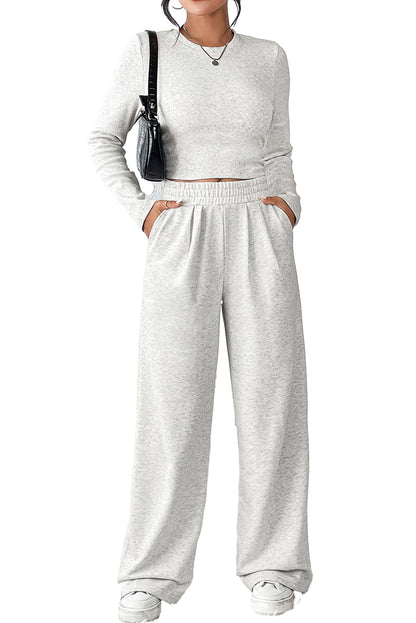 Black Long Sleeve Crop Top And Wide Leg Pants Set
