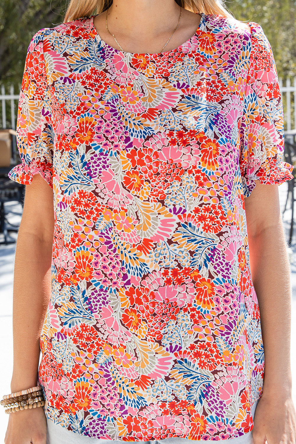 Multicolor Floral Print Smocked Cuffs Long Sleeve Blouse