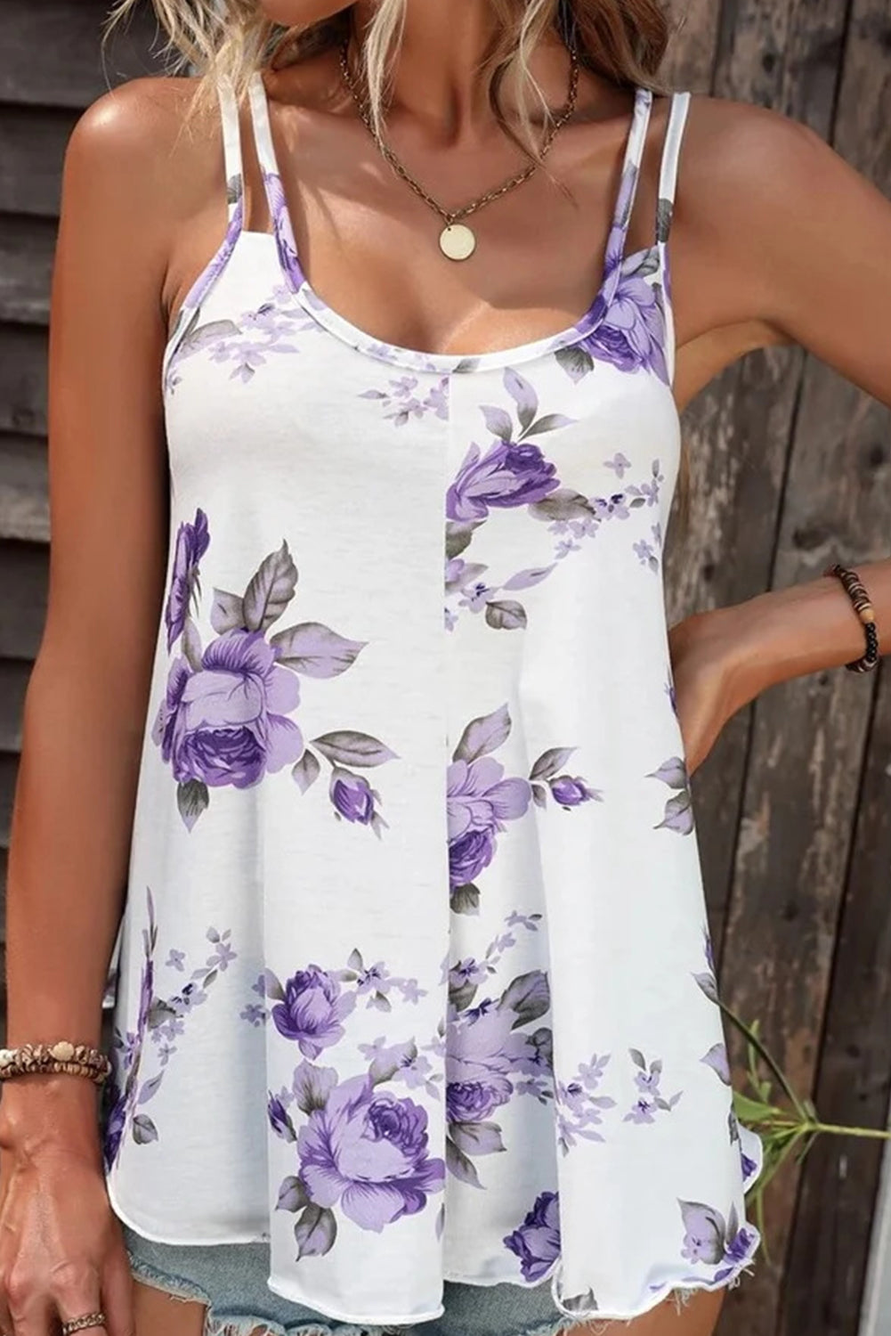 Light Blue Floral U-Neck Spaghetti Strap Tank Top