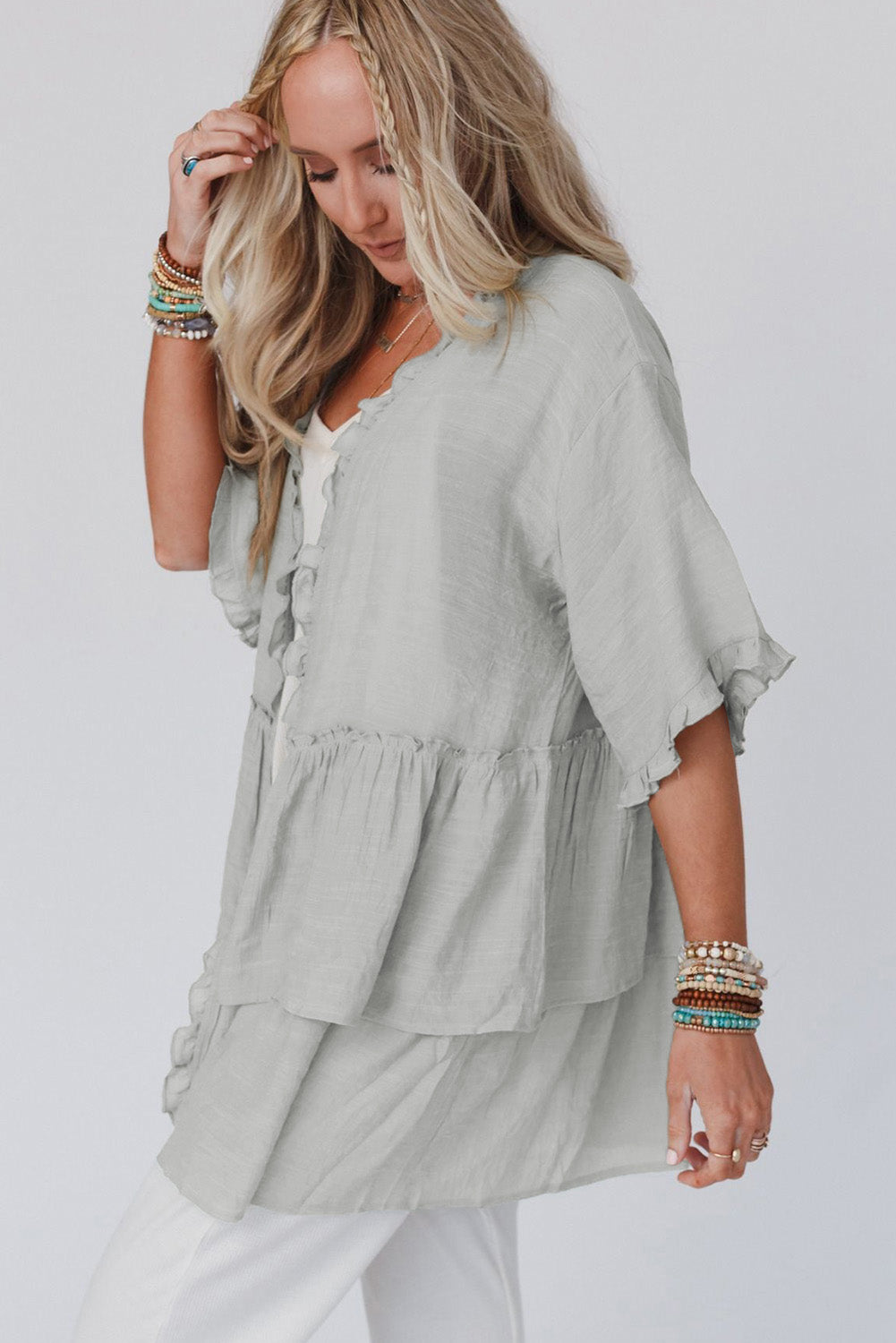 Green Ruffled Trim Short Sleeve Open Front Kimono