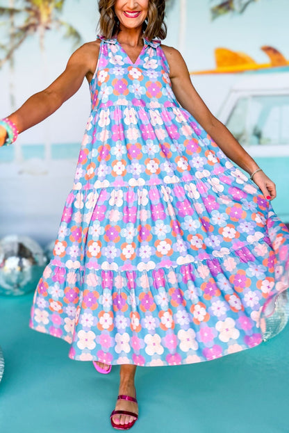 60s Flower Split Neck Sleeveless Tiered Maxi Dress