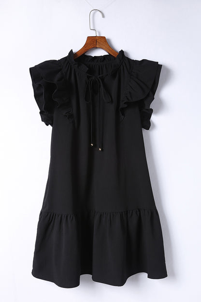 Tiered Ruffled Drawstring V Neck Short Dress With Pockets