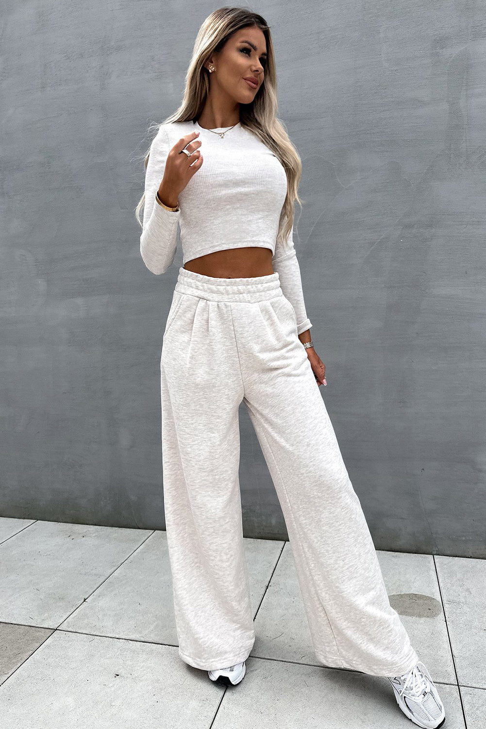 Black Long Sleeve Crop Top And Wide Leg Pants Set