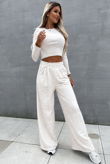 Black Long Sleeve Crop Top And Wide Leg Pants Set