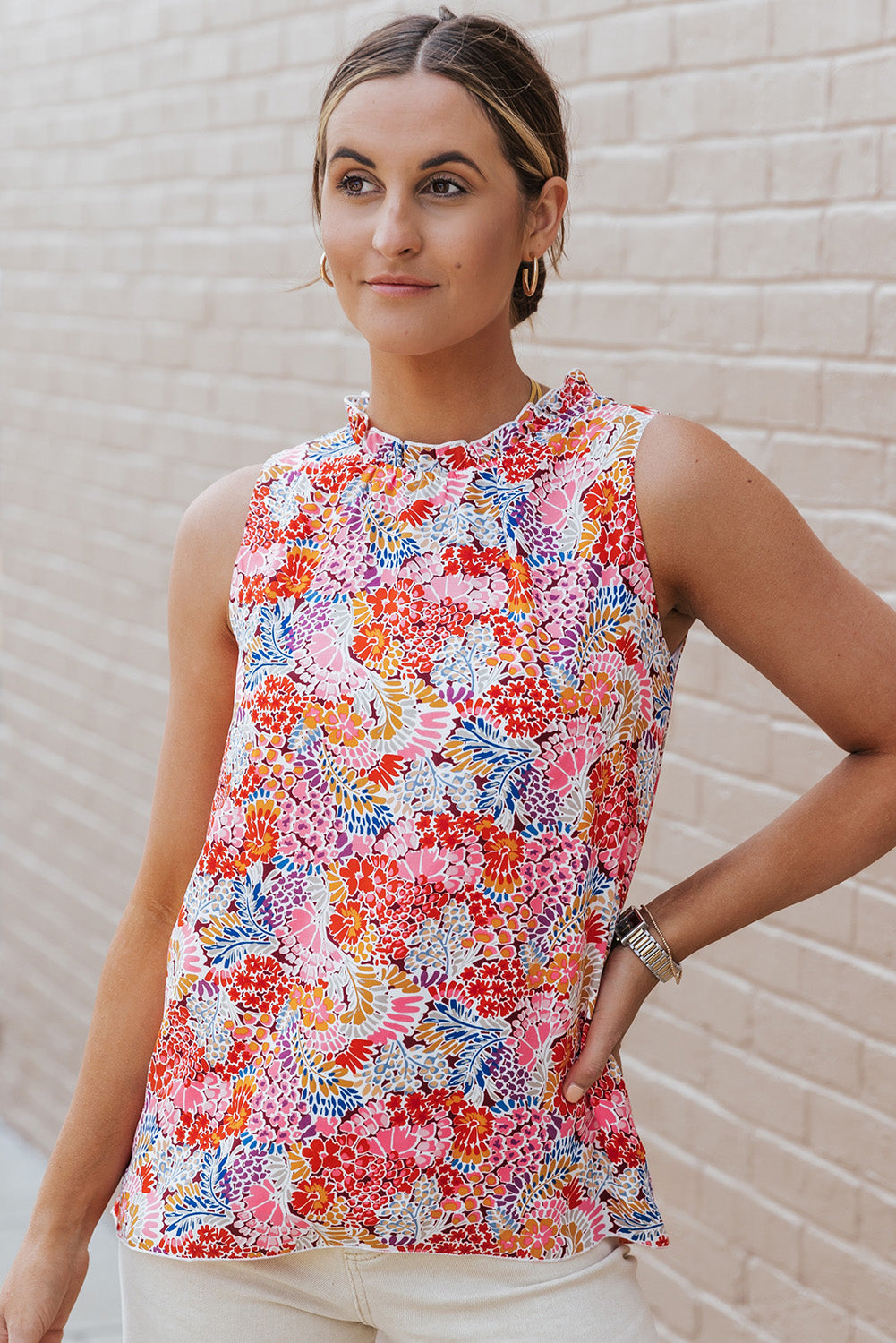 Multicolor Floral Print Smocked Cuffs Long Sleeve Blouse