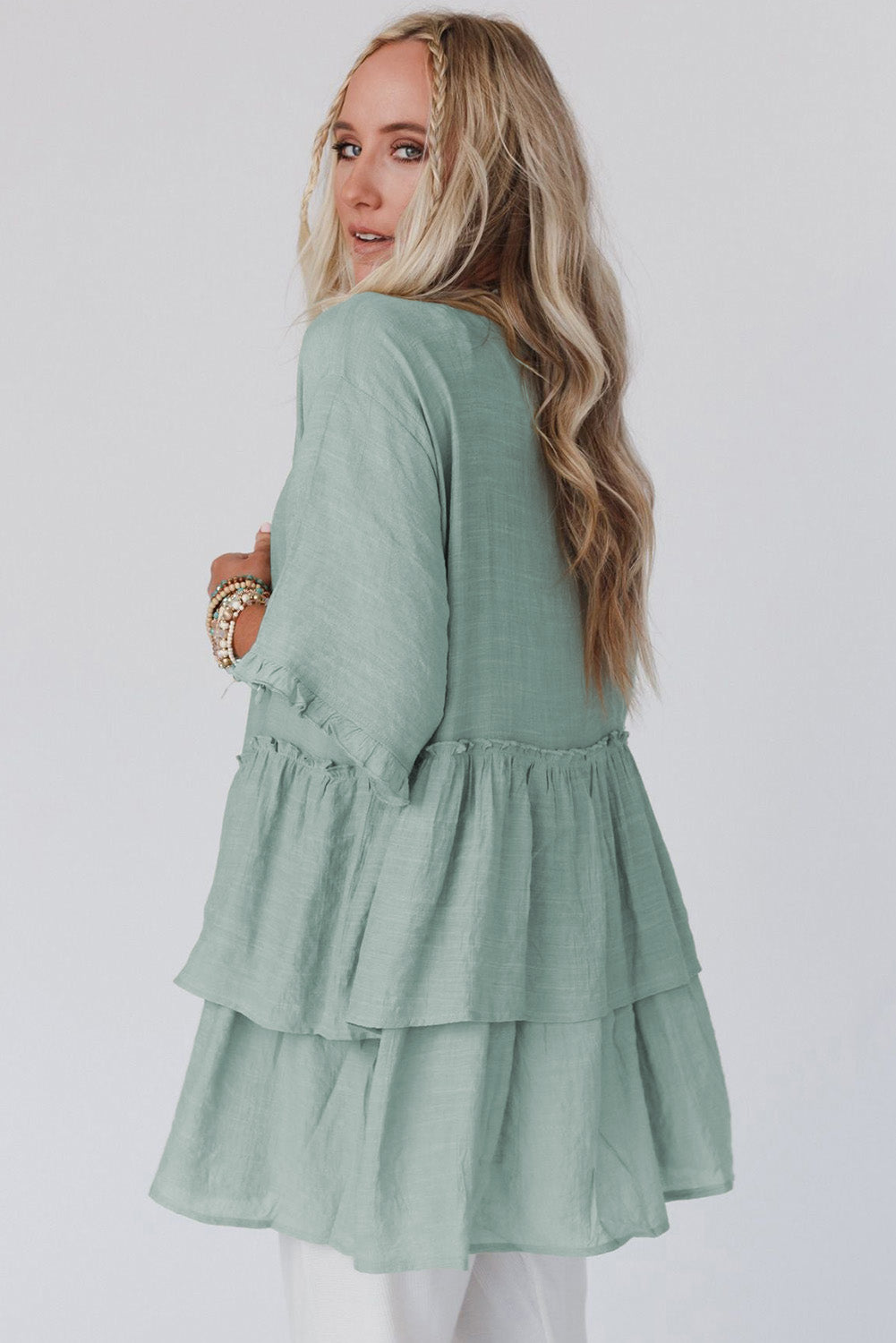 Green Ruffled Trim Short Sleeve Open Front Kimono