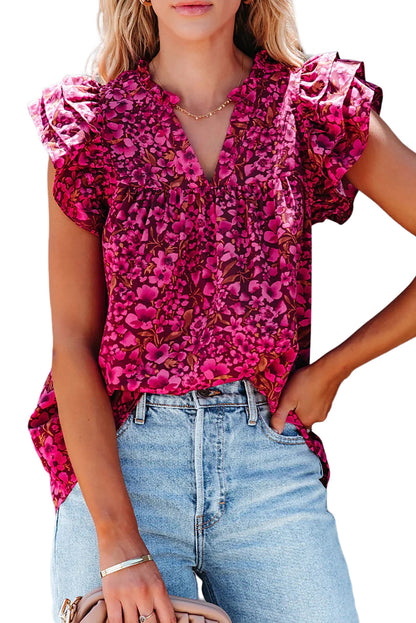 Floral Print Tiered Ruffle Sleeve V Neck Boho Top