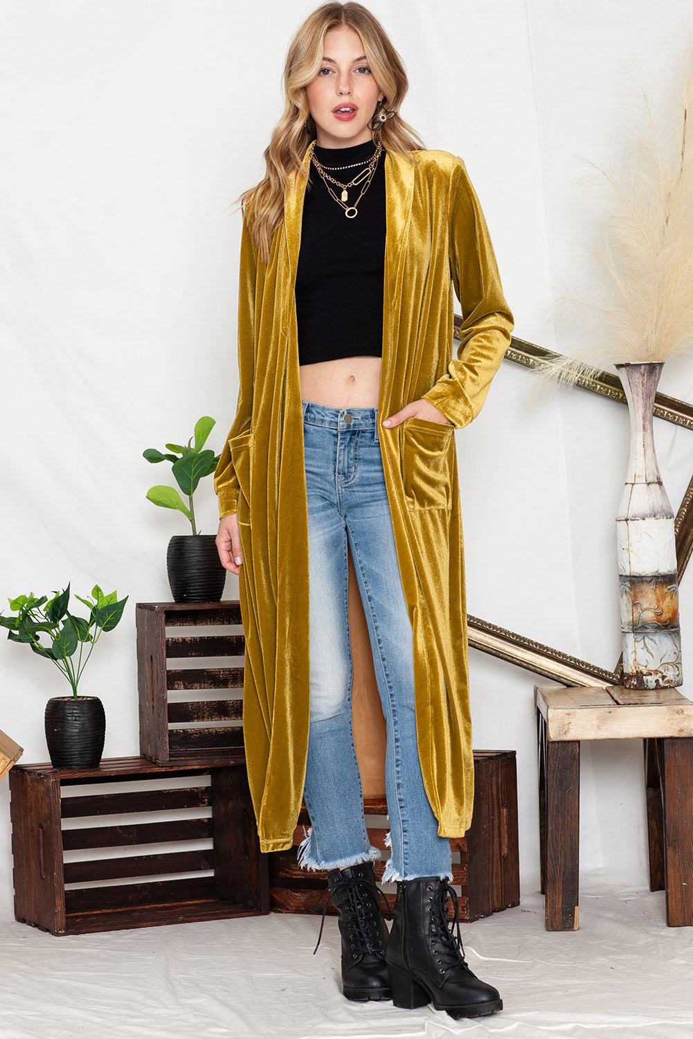 Pocketed Open Front Long Cardigan