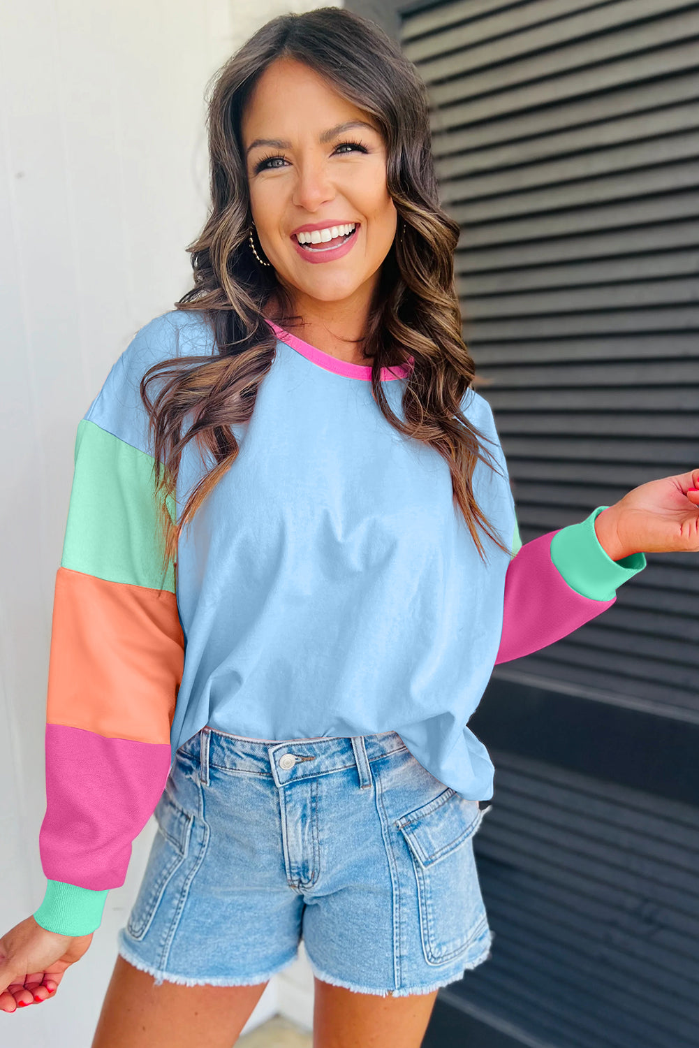 Multi Color Block Sleeve Loose Fit Top
