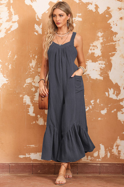 Black Solid Color Pockets Pleated Flare Leg Jumpsuit