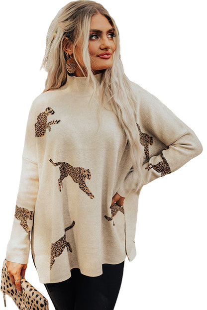 Cheetah Print High Neck Split Hem Sweater