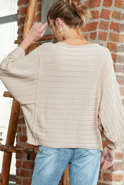 Brown Ribbed Knit Exposed Seam Dolman Sweater