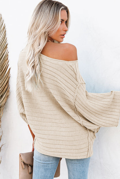 Brown Ribbed Knit Exposed Seam Dolman Sweater