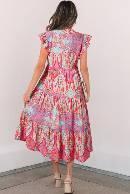 Rose Ethnic Paisley Print Ruffle Sleeve Notch Neck Midi Dress